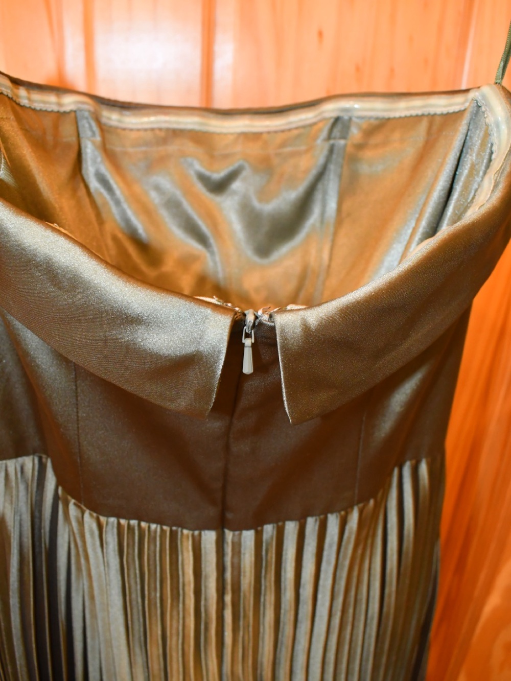 Revelry Saylor Satin Pleated Strapless Maxi Dress in Deep Olive Green 6 - Picture 4 of 12